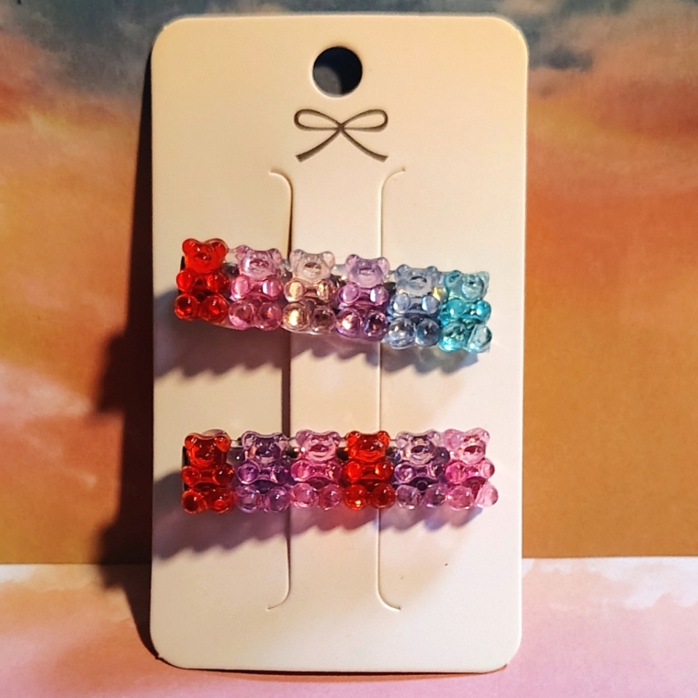 Handcrafted Candy Rainbow Gummy Bear Hair Clips Set of 2